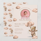 Brown Beary First Birthday Girl Photo Kaart (Voorkant / Achterkant)