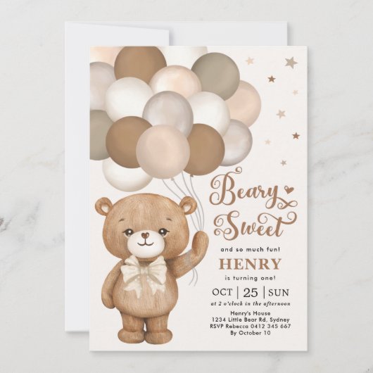 Brown Beary Sweet Teddy Bear Balloons Birthday Inv Kaart (Voorkant)