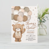 Brown Beary Sweet Teddy Bear Balloons Birthday Inv Kaart (Staand voorkant)
