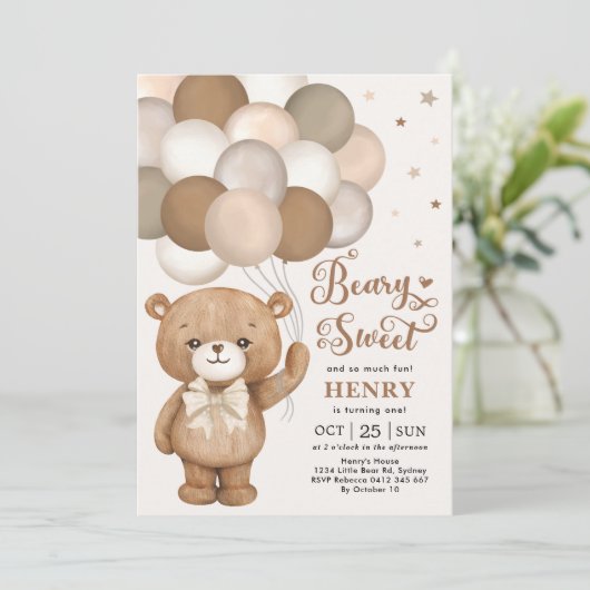 Brown Beary Sweet Teddy Bear Balloons Birthday Inv Kaart (Staand voorkant)