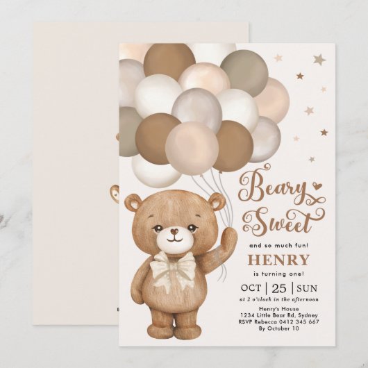 Brown Beary Sweet Teddy Bear Balloons Birthday Inv Kaart (Voorkant / Achterkant)