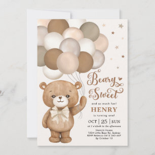 Brown Beary Sweet Teddy Bear Balloons Birthday Inv Kaart