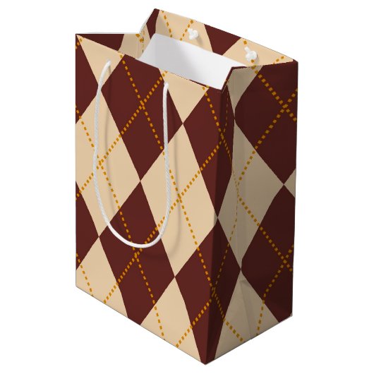 Brown Beige Autumn Herfst Argyle Diamond Pattern Medium Cadeauzakje (Achterkant Gekanteld)