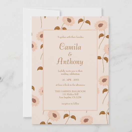 Brown Beige Retro Hippie Sunflower Pattern Wedding Kaart (Voorkant)