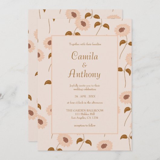 Brown Beige Retro Hippie Sunflower Pattern Wedding Kaart (Voorkant / Achterkant)