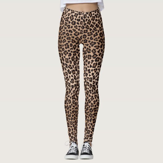 Brown Beige Safari Wild Cat Skin Leopard Pattern Leggings (Voorkant)