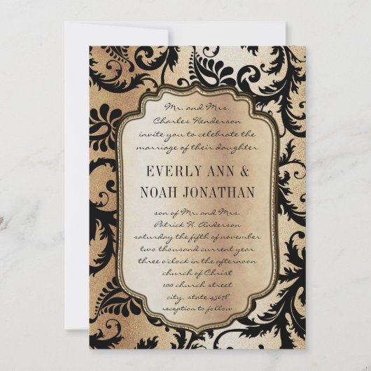 Brown Black Damask Ice Metallic Wedding Invitation Kaart (Voorkant)