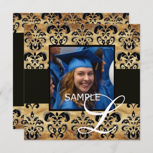 BROWN BLACK DAMASK PARCHCHMENT AFSTUDEREN MONOGRAM KAART (Voorkant / Achterkant)