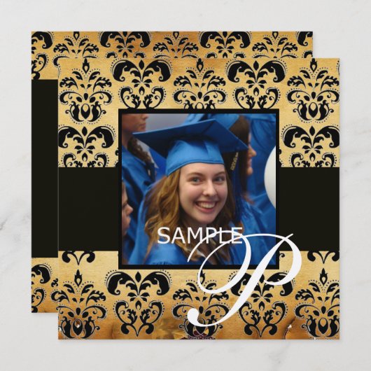 BROWN BLACK DAMASK PARCHCHMENT AFSTUDEREN MONOGRAM KAART (Voorkant / Achterkant)