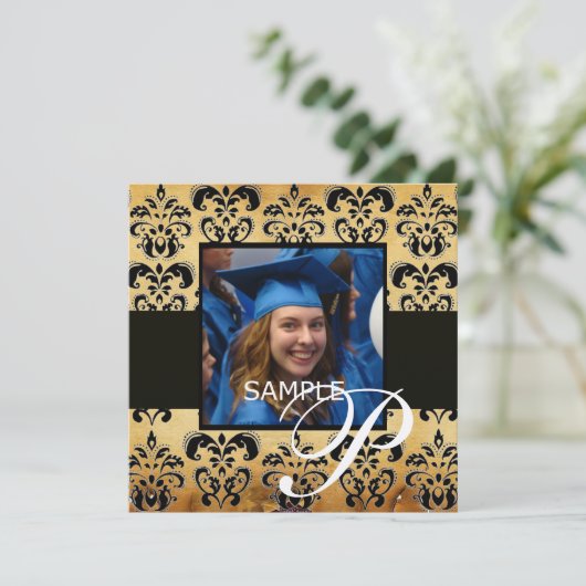 BROWN BLACK DAMASK PARCHCHMENT AFSTUDEREN MONOGRAM KAART (Staand voorkant)