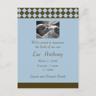 Brown & Blue Argyle aangekondigd () Aankondigingskaart