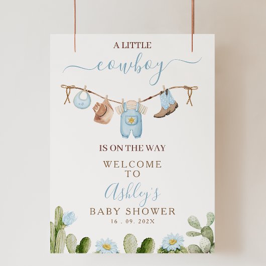 Brown Blue Cothes Cowboy Baby shower Welkomstbord Foto Afdruk