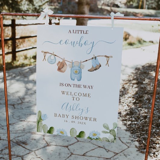 Brown Blue Cothes Cowboy Baby shower Welkomstbord Foto Afdruk