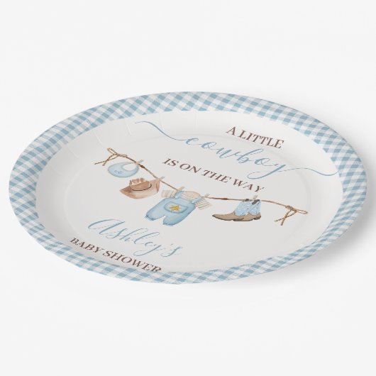 Brown Blue Cothesline Cowboy Baby shower Papieren Bordje (Gekanteld)