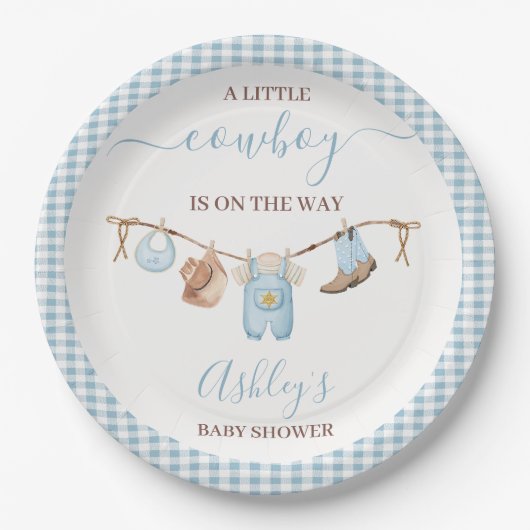 Brown Blue Cothesline Cowboy Baby shower Papieren Bordje (Voorkant)