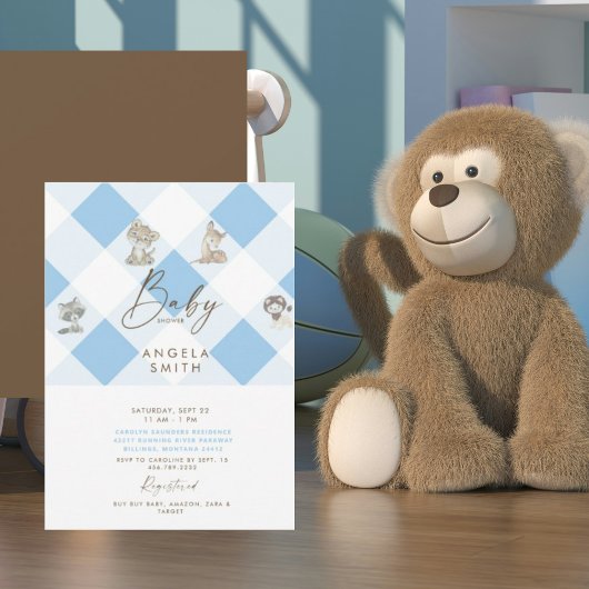 Brown & Blue Cute Animals Baby shower Kaart
