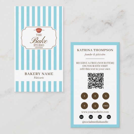 Brown Blue Stripes Bakery Logo Loyalty Punch Visitekaartje (Voorkant / Achterkant)