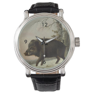Brown Boar Hunting Schilderij, Wildlife Art Horloge
