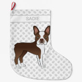 Brown Boston Terrier Cartoon Dog & Custom Name Grote Kerstsok (Voorkant)