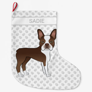 Brown Boston Terrier Cartoon Dog & Custom Name Grote Kerstsok