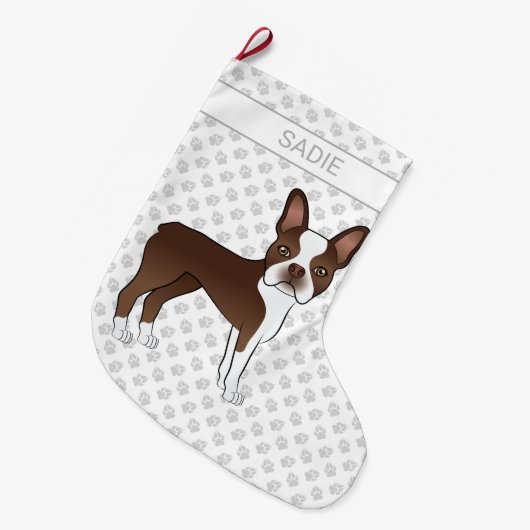 Brown Boston Terrier Cartoon Dog & Custom Name Grote Kerstsok (Voorkant (Hangend))