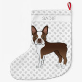 Brown Boston Terrier Cartoon Dog & Custom Name Grote Kerstsok (Achterkant)