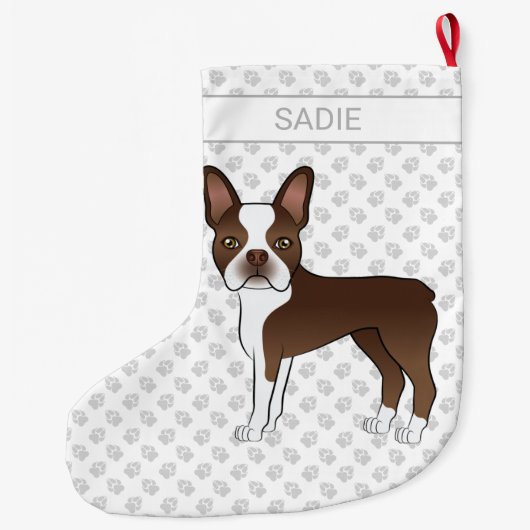 Brown Boston Terrier Cartoon Dog & Custom Name Grote Kerstsok (Achterkant)
