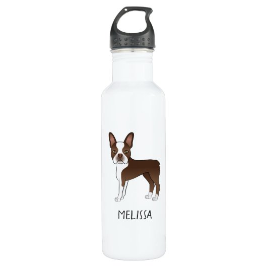 Brown Boston Terrier Cartoon Dog & Custom Name Waterfles (Voorkant)