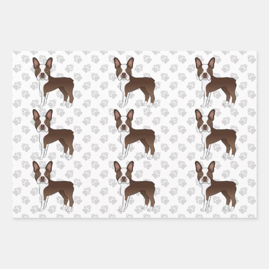 Brown Boston Terrier Cartoon Dog Pattern & Paws Inpakpapier Vel (Voorkant 3)