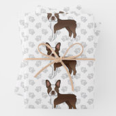 Brown Boston Terrier Cartoon Dog Pattern & Paws Inpakpapier Vel (In situ)