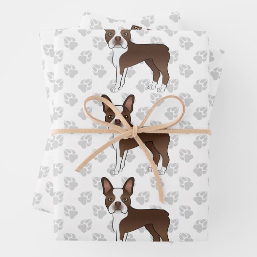 Brown Boston Terrier Cartoon Dog Pattern & Paws Inpakpapier Vel (In situ)