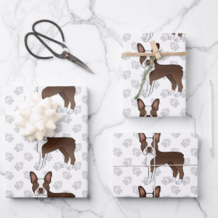 Brown Boston Terrier Cartoon Dog Pattern & Paws Inpakpapier Vel