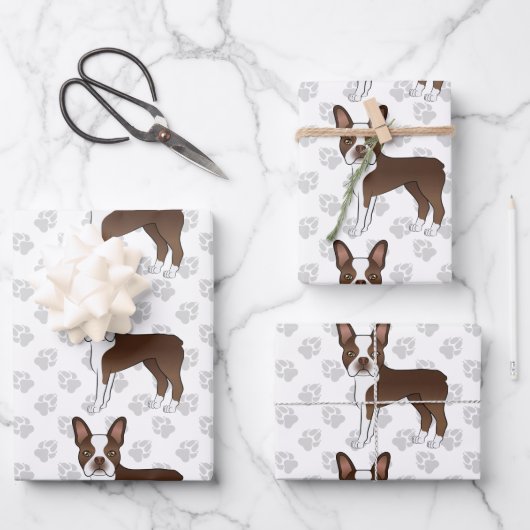 Brown Boston Terrier Cartoon Dog Pattern & Paws Inpakpapier Vel (Voorkant)
