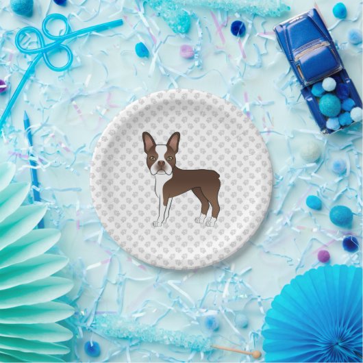 Brown Boston Terrier Cute Cartoon Dog & Gray Paws Papieren Bordje (Feest)