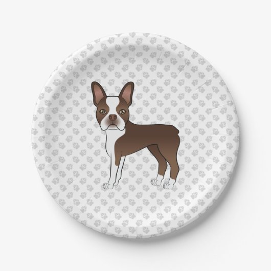 Brown Boston Terrier Cute Cartoon Dog & Gray Paws Papieren Bordje (Voorkant)