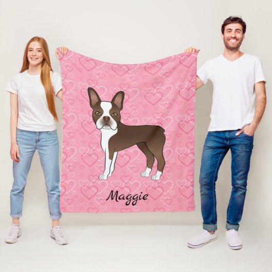 Brown Boston Terrier Dog op roze harten en naam Fleece Deken (In situ)
