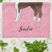 Brown Boston Terrier Dog op roze harten en naam Theedoek (Gevouwen)