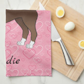 Brown Boston Terrier Dog op roze harten en naam Theedoek (Quarter Fold)