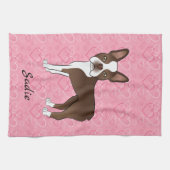 Brown Boston Terrier Dog op roze harten en naam Theedoek (Horizontaal)