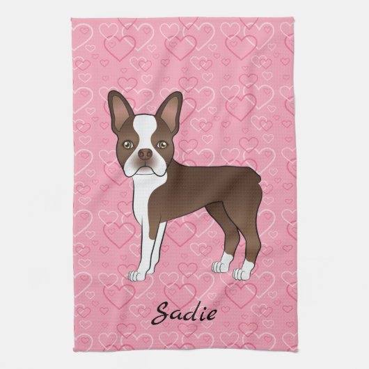 Brown Boston Terrier Dog op roze harten en naam Theedoek (Verticaal)