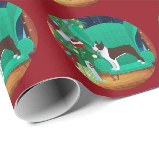 Brown Boston Terrier en Santa's Gift Cadeaupapier (Rol Hoek)