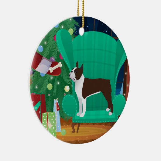 Brown Boston Terrier en Santa's Gift Keramisch Ornament (Rechts)