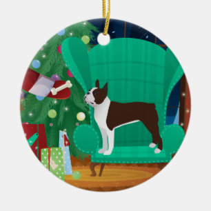 Brown Boston Terrier en Santa's Gift Keramisch Ornament