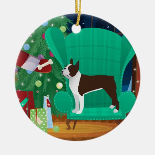Brown Boston Terrier en Santa's Gift Keramisch Ornament (Voorkant)