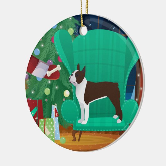 Brown Boston Terrier en Santa's Gift Keramisch Ornament (Links)