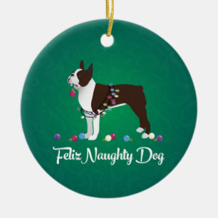 Brown Boston Terrier Feliz Naughty Dog Design Keramisch Ornament