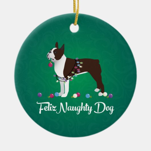 Brown Boston Terrier Feliz Naughty Dog Design Keramisch Ornament (Voorkant)