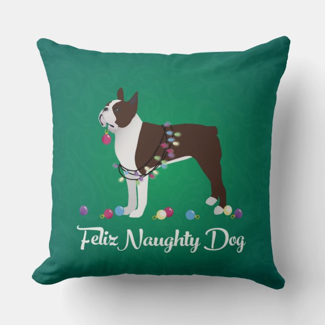 Brown Boston Terrier Feliz Naughty Dog Design Kussen (Voorkant)
