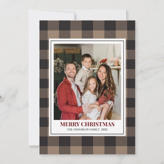 Brown Buffalo Plaid with Christmas Family Photo Feestdagenkaart (Voorkant)