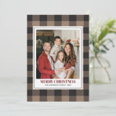Brown Buffalo Plaid with Christmas Family Photo Feestdagenkaart (Staand voorkant)